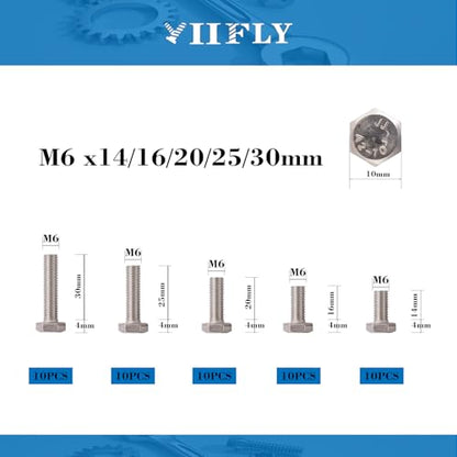 M6-1.0 Hex Head Screw Bolts - 14/16/20/25/30mm Length Kit, 304 Stainless Steel(A2-70), Bright Finish, Fully Threaded, Hexagon Head Bolts,Quantity 50-Piece Set - size: 304-Hex-M6-14-30mm（50pcs）