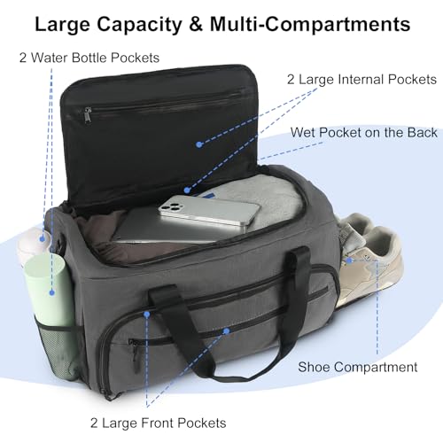 Gym Bag for Men Women, Sports Duffle Bag with Wet Pocket & Shoes Compartment, Water Resistant Overnight Weekender Bag Duffel Bag - color: Grey