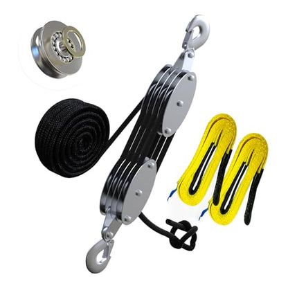 YATOINTO Rope Hoist Pulley System with Metal Bearing, 4400LB Pulley Block and Tackle, 8:1 Lifting Power 65ft, Heavy Duty Pulley Block for Hunting Lifting Garage Warehouses Building (with 2PCs Straps) - size: 4 Pulley+2 straps