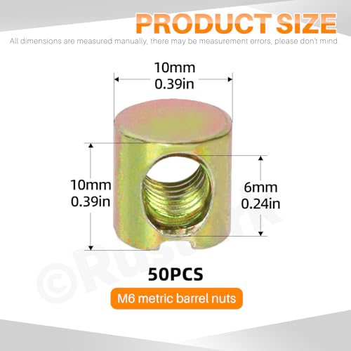 50Pcs M6x10mm Yellow Zinc Barrel Nuts Assortment Kit Metric Cross Dowels Slotted Nut Furniture Nuts Cross Dowel Hammer Nut for Wood Furniture Beds Crib Chairs - style: yellow zinc 6x10MM barrel nuts