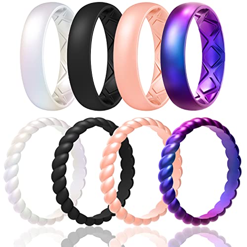 Egnaro Women's Stackable Silicone Rings, 2.5/5.5mm Wide 1.8/2mm Thick Bands | Comfort-Fit Rubber Bands Offer Breathable Flexibility for Nurses, Workouts, Pregnancy, Yoga, Travel, Office, and All-Day Wear - color: SETB2-Black, Light Rose Gold, Galaxy, Pear