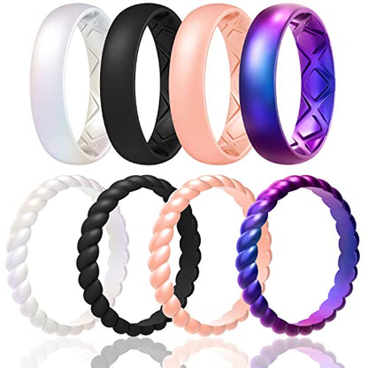 Egnaro Women's Stackable Silicone Rings, 2.5/5.5mm Wide 1.8/2mm Thick Bands | Comfort-Fit Rubber Bands Offer Breathable Flexibility for Nurses, Workouts, Pregnancy, Yoga, Travel, Office, and All-Day Wear - color: SETB2-Black, Light Rose Gold, Galaxy, Pear