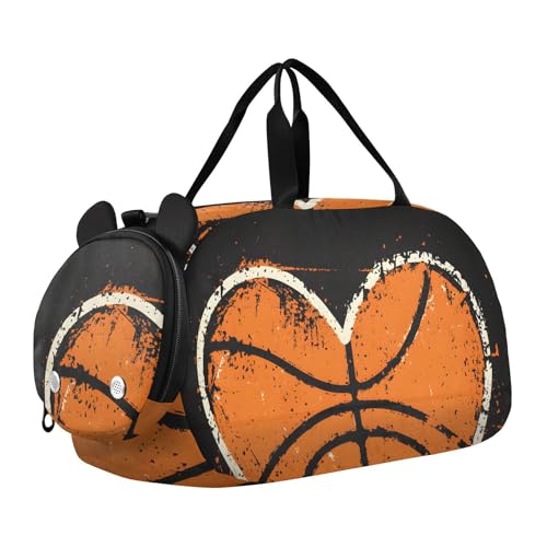 Kids Sports Duffel Bag for Boys & Girls - Vintage Sport Basketball Heart 100% Polyester Gym Bag with Separate Shoe Compartment, Adjustable Shoulder Strap, Compact Travel & Workout Gear - color: Vintage Sport Basketball Heart