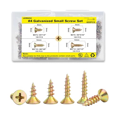 #4 Flat Head Wood Screws Assortment Kit 600Pcs, Yellow Zinc | Philips Flat Zinc Screws, Suitable for Furniture Cabinet, DIY Model Assembly and More, 4 Sizes(1/4",5/16",3/8",1/2") - color: Yellow, size: #4-600pcs