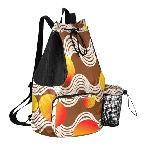 Drawstring Climbing Gym Bag With Pockets Drawstring Bags with Wet Dry Compartments Abstract Art Wave Lines Round Brown