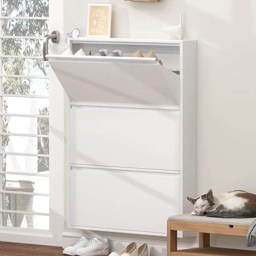 GREATMEET Shoe Rack for Closet, Slim Wall Mounted Metal Cabinet with 3 Flip Drawers, Steel Hidden Shoe Cabinet Storage for Entryway, Modern Narrow Shoe Organizer Cabinet for Mudroom, Hallway, White - color: Pearl White, size: 3 Flip Drawers