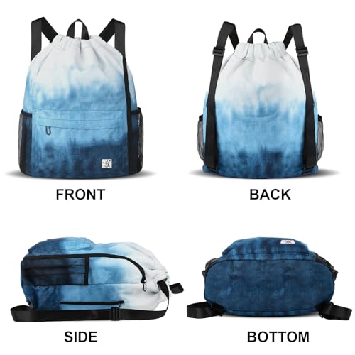 Drawstring Backpack with Mesh Pockets String Gym Bag Sackpack Sandproof Water Resistant Beach Backpack for Men Women - color: Gradient Blue