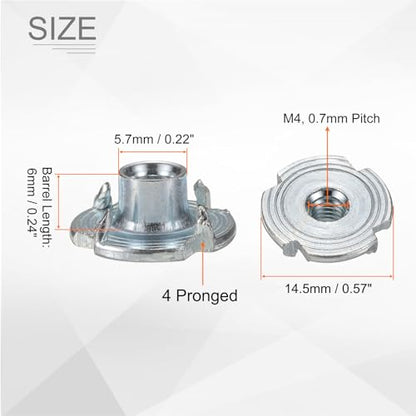 HARFINGTON M4x6mm T-Nuts 4 Pronged Tee Nut 0.57" x 0.24" Fully Thread Carbon Steel Inserts for Wood, Rock Climbing Holds, Cabinetry, Furniture 50pcs - size: M4x6mm