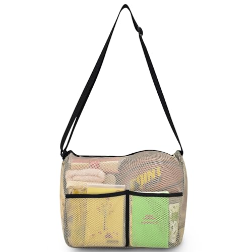 Mildbeer Gym Tote Bag, Mesh Bag Crossbody Satchel 12x6x12 for Gym Beach Ball Games Training Camping Hiking Clothes Storage - color: Khaki