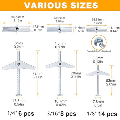 KURUI Heavy Duty Hollow Drywall Anchors for Sheetrock Ceiling, Toggle Bolts and Wing Nut Kit, 28Pcs Metal Dry Wall Anchors and Screws Assortment Set, Butterfly Anchor for Hanging 1/8, 3/16, 1/4 - style: 28 Pack
