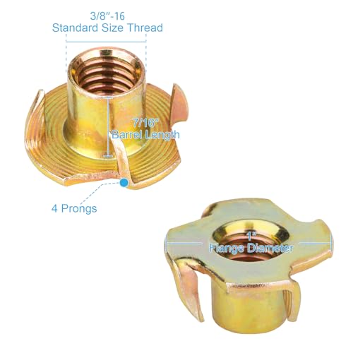 3/8"-16 T-Nuts (45 Pack), Yellow Zinc-Plated Steel Corrosion Resistant T Nut, 7/16" Barrel Length, 4-Pronged Tee Nut for Wood, Rock Climbing Holds, Cabinetry - size: 3/8"-16 45pcs, Yellow