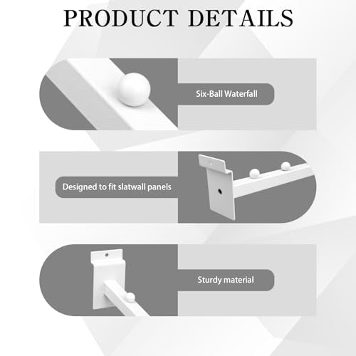 14 Pcs 15.7 Inch 6 Ball Waterfall Slatwall Hooks Metal Slat Wall Hanging Board Accessories Heavy Duty Pegs Panel Display for Clothing Retail Shop Garage (White)