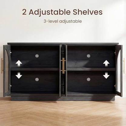 Fatmok 2-Piece Buffet Cabinet Set, Glass Display Cabinet & Solid Storage Cabinet Combo, 59” Modern Sideboard with Adjustable Shelves for Dining Room Living Room Entryway (Black Grey) - color: Ab-black Grey