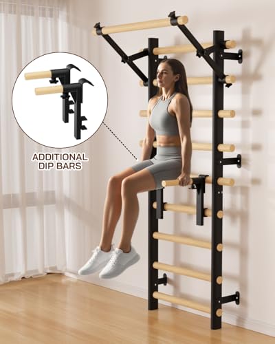 Swedish Ladder Wall Gym, Wooden Wall-Mounted Stall Bars with Pull-up Bar & Exercise Straps & Dip Bars, Stretching Ladder Full Body Home Gym Adults New - color: Black