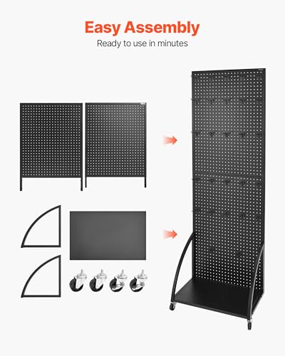 VEVOR Standing Pegboard Display with Base Plate, 23.7 x 66 in Pegboard Display Stand with Casters and 30 Hooks, Thickened Cold-Rolled Steel Peg Board Panel for Retail Store and Jewelry Shop, Black - style: Storage Style