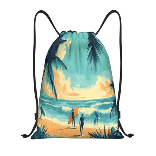 Drawstring Sports Backpacks - Lightweight Swim Gym Bags for Women Men String Sackpack for Beach Travel Yoga(Small, Surfers Beach Palm) - color: Surfers Beach Palm, size: Small