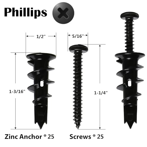 50Pc #8 Black Self Drilling Metal Drywall Anchors Heavy Duty and Screws kit | 25 Heavy Duty Hollow Sheetrock Anchors + 25 #8 1-1/4'' Screw, No Pre Drill Hole Required - Hold 75lbs for Hanging or Mounting