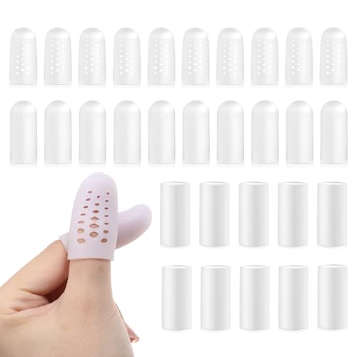 30 Pcs Silicone Finger Cots Fingertip Covers Soft Thumb Protector Elastic Clear Finger Cushions Tubes Nail Tips Guards for Wound, Breathable Cots Fingers Cover Sleeves for Cracking, Eczema, Blisters