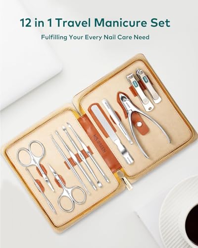 MR.GREEN 12-in-1 Manicure Set – Professional Nail Clipper Set, German Stainless Steel Manicure Tools for Fingernails & Toenails, Travel Nail Care Kit for Men & Women with Leather Case (Caramel Brown)