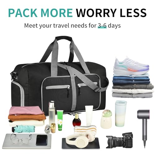 Dimayar 65L Foldable Duffle Bag, Travel & Weekender, Overnight, Gym | Lightweight, Carry-on, Packable, Waterproof & Tear Resistant, Travel Duffel Bag with Shoes Compartment for Men Women - color: Black, size: 65L