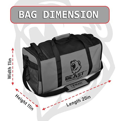 Beast Power Gear Gym Duffle Bag, Gray/Black | Workout, Boxing, MMA, Sports Bag, Shoes Compartment, Adjustable Shoulder Strap, For Men and Women - color: Gray/Black