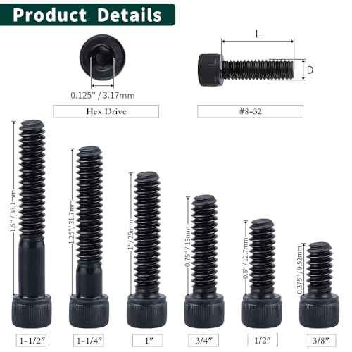 #8-32 x 1-1/2" Socket Head Cap Screws Bolts, 12.9 Grade Alloy Steel, Black Oxide Finish, Allen Hex Drive, Partial Thread, 50-Pack - size: #8-32 x 1-1/2"