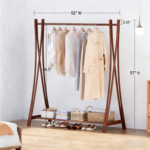 Wooden Retail Display Hanging Clothes Rack with Storage Shelf, 52" W x 57" H Freestanding Heavy Duty Clothing Drying Garment Rack for Hanging Clothes, Coat, Dress, Shirt, Hat - size: 52"W - Walnut