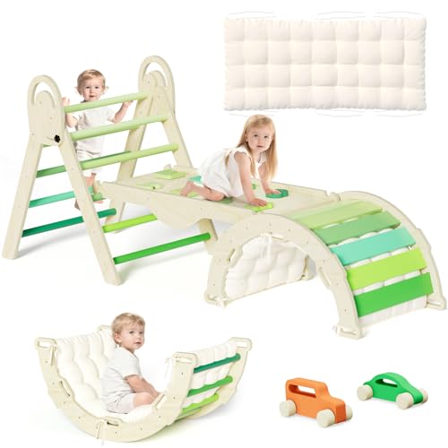 Pikler Triangle Set, Baby Climbing Playset Toys Indoor, Jungle Gyms for Toddlers Ages 1-4, Toddler Climbing Playground with Cushion & Toy Car - color: Green