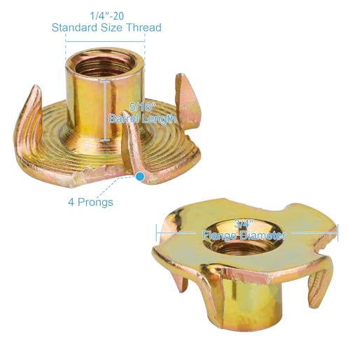 50pcs 1/4"-18 T-Nuts, Yellow Zinc-Plated Steel 5/16" Barrel Length | Corrosion Resistant, 4-Pronged Tee Nut for Wood, Rock Climbing Holds, Cabinetry - size: 1/4"-20 50pcs, Yellow