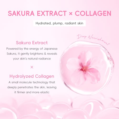 QUIYUM Sakura Collagen Skin Care Set - 5pcs Skincare for Women Teens | Facial Cleanser, Serum, Cream, Facial Brush, Hair Band & Makeup Bag, Deep Cleansing, Hydrating, Firming, Even Tone, Radiance - size: 5 Count (Pack of 1)