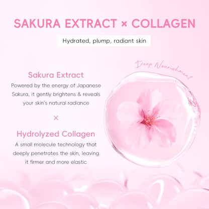 QUIYUM Sakura Collagen Skin Care Set - 5pcs Skincare for Women Teens | Facial Cleanser, Serum, Cream, Facial Brush, Hair Band & Makeup Bag, Deep Cleansing, Hydrating, Firming, Even Tone, Radiance - size: 5 Count (Pack of 1)