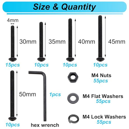 220PCS Black M4 Button Head Hex Socket Cap Screws, M4 x 30/35/40/45/50mm Metric Screws Bolts Nuts Washers Assortment Kit, 10.9 Grade Alloy Steel - size: M4 x 30/35/40/45/50mm, style: Button Head