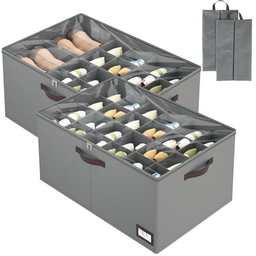 OIAHOMY 2 Pack Shoe Organizer for Closet, Large Foldable Shoe Storage Bins with Dividers and Reinforced Handles, Each Clear Cover Sneaker Box Fits Up to 24 Pairs for Entryway and Bedroom, Grey - color: Grey, size: X-Large