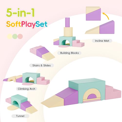 TOLEAD Soft Foam Climbing Blocks Set – Large 5-in-1 Soft Play Toys Crawling & Sliding Climbing Arch for Toddlers, Foam Playset for Nursery,Preschool,Pink - color: Pink