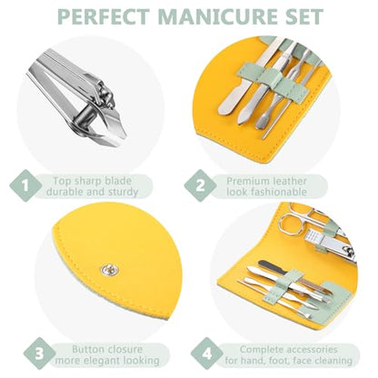 12 Set Manicure Set Bulk Mini Manicure Nail Clipper Kit 7 in 1 Stainless Steel Professional Nail Care Pedicure with Travel Portable Bag Grooming Kits for Women Men Home(Light Green) - color: Light Green