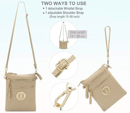 Solene Small Multi Zipper Pockets Crossbody Bag with Detachable Wristlet - color: Nude