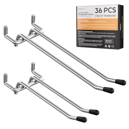 INCLY 4/6 Inch Pegboard Hooks, 36 Pack Heavy Duty Double Arm Peg Board Straight Hooks, Peg Board Tool Hangers Fit for 1/4" Pegboard Garage Hanging Tools, Craft Organizing, Kitchen, Store - color: Silver