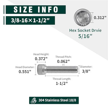 3/8-16 x 1-1/2" Socket Head Cap Screw Bolt, 304 Stainless Steel 18-8, Allen Hex Drive, Coarse Thread UNC, 10 PCS - size: 3/8-16 x 1-1/2"