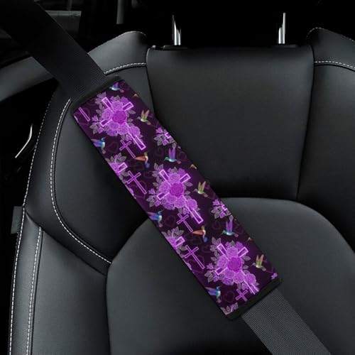 1 Pair Universal Fit Seat Belt Cover for Elderly Support, Most Cars, Hummingbird Faith Catholic Purple Christian Religious Cross Seat Belt Cushion, Neck and Shoulder Support - color: Pattern 626
