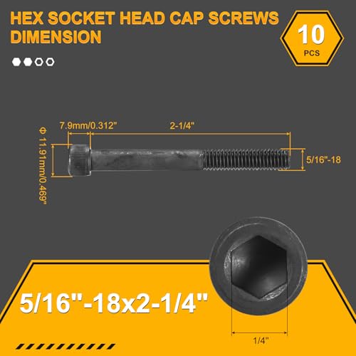 DTGN 5/16"-18x2-1/4 Socket Head Cap Screws Bolts - 10Pack - Good for Road Bicycle, Mountain Bike, Auto, Motorcycle - Carbon Steel Hex Head Metric Screws, Black - size: 5/16"-18x2-1/4"