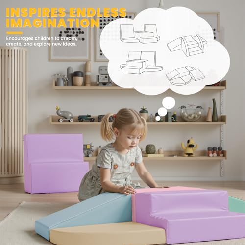 Hoohtoot Foam Climbing Blocks for Kids: 6-Piece Soft PU Leather Set - Indoor Climbing and Crawling Toys Play Gym - Kids Learning Play Structure for Preschool - style: Yellow/Pink