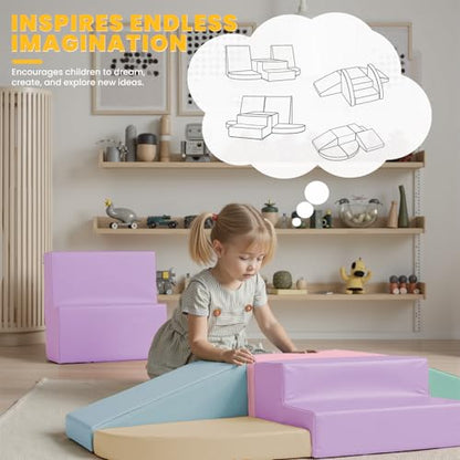 Hoohtoot Foam Climbing Blocks for Toddlers: 6-Piece Soft PU Leather Set - Indoor Climbing and Crawling Toys - Baby Play Gym - Kids Learning Play Structure for Preschool - style: Yellow/Pink