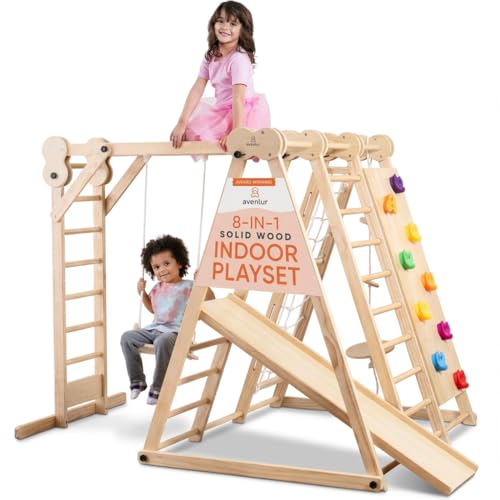 Avenlur 8-in-1 Indoor Play Gym – Toddler Jungle Gym for Kids Ages 2–6 – Indoor Playground Wooden Climbing Playset with Slide, Monkey Bars, Ladder, Rope Ladder, Rock Climbing, Swing, Rings, Disc Swing - color: Natural Indoor, size: X-Large (LxWxH): 88.8 x