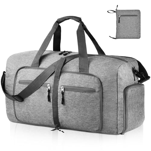 Dimayar 65L Foldable Duffle Bag, Travel & Weekender, Overnight, Gym | Lightweight, Carry-on, Packable, Waterproof & Tear Resistant, Travel Duffel Bag with Shoes Compartment for Men Women - color: Grey, size: 65L