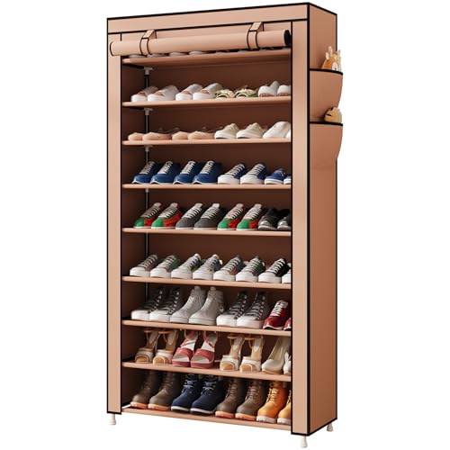 Laiensia 9-Tier Vertical Shoe Rack Organizer, Space Saving Shoe Storage Organizer, Non-Woven Cover Shoe Shelf Holds 36-45 Pairs for Bedroom, Hallway, Closet Entryway, Brown - color: Brown, size: 9-tier