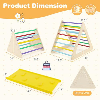 HONEY JOY Pikler Triangle Set, 5 in 1 Montessori Wooden Triangle Climber w/ 2 Stackable Ladders & Climbing Ramp, 3-Piece Baby Indoor Playground Jungle Gym, Climbing Toy for Toddlers, Colorful - style: 5 In 1 Yellow