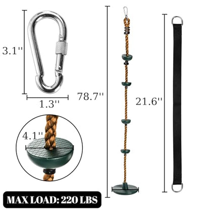 ZENFUN Climbing Rope with Platform and Disc, Tree Swing Seat Set Outdoor Playground Accessories Including Bonus Hanging Strap & Carabiner, Secure Trees House Swings, Gym Backyard, Max Load: 220lb