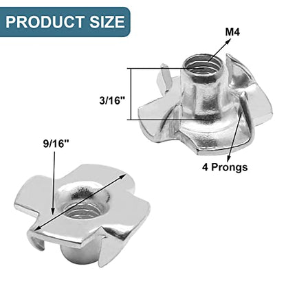 M4 x 7mm T-Nuts, Four Pronged Nut | Pack of 50 - size: M4 x 7mm