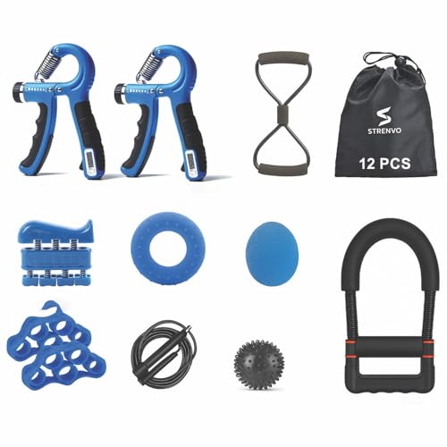 Hand Grip Strengthener Complete Set – 12 PCS | Forearm, Finger, Wrist & Hand Exerciser Kit for Men & Women | Adjustable Resistance, Finger Stretcher, Therapy Ball & More | Home & Office Workout - color: Blue