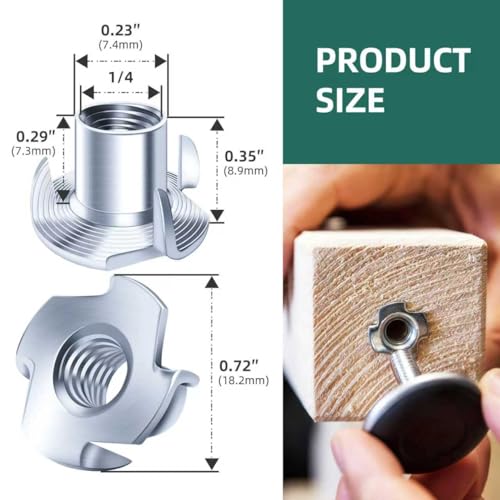 100PCS 1/4-20 T-Nuts Zinc Plated Steel Nutserts, 4-Pronged Tee Nut for Wood, Rock Climbing Holds T Nuts 1/4-20 Set for Wood Furniture - size: 1/4"-20